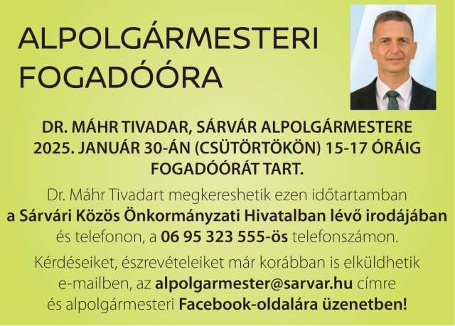 Fogadóórát tart január 30-án Dr. Máhr Tivadar alpolgármester