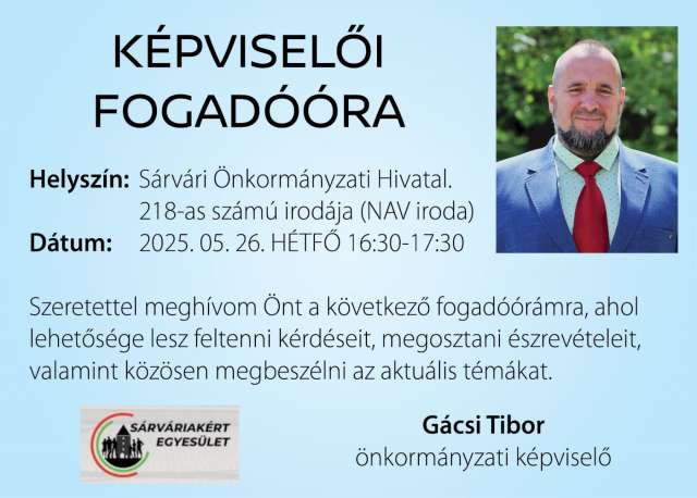 Fogadóórát tart Gácsi Tibor önkormányzati képviselő